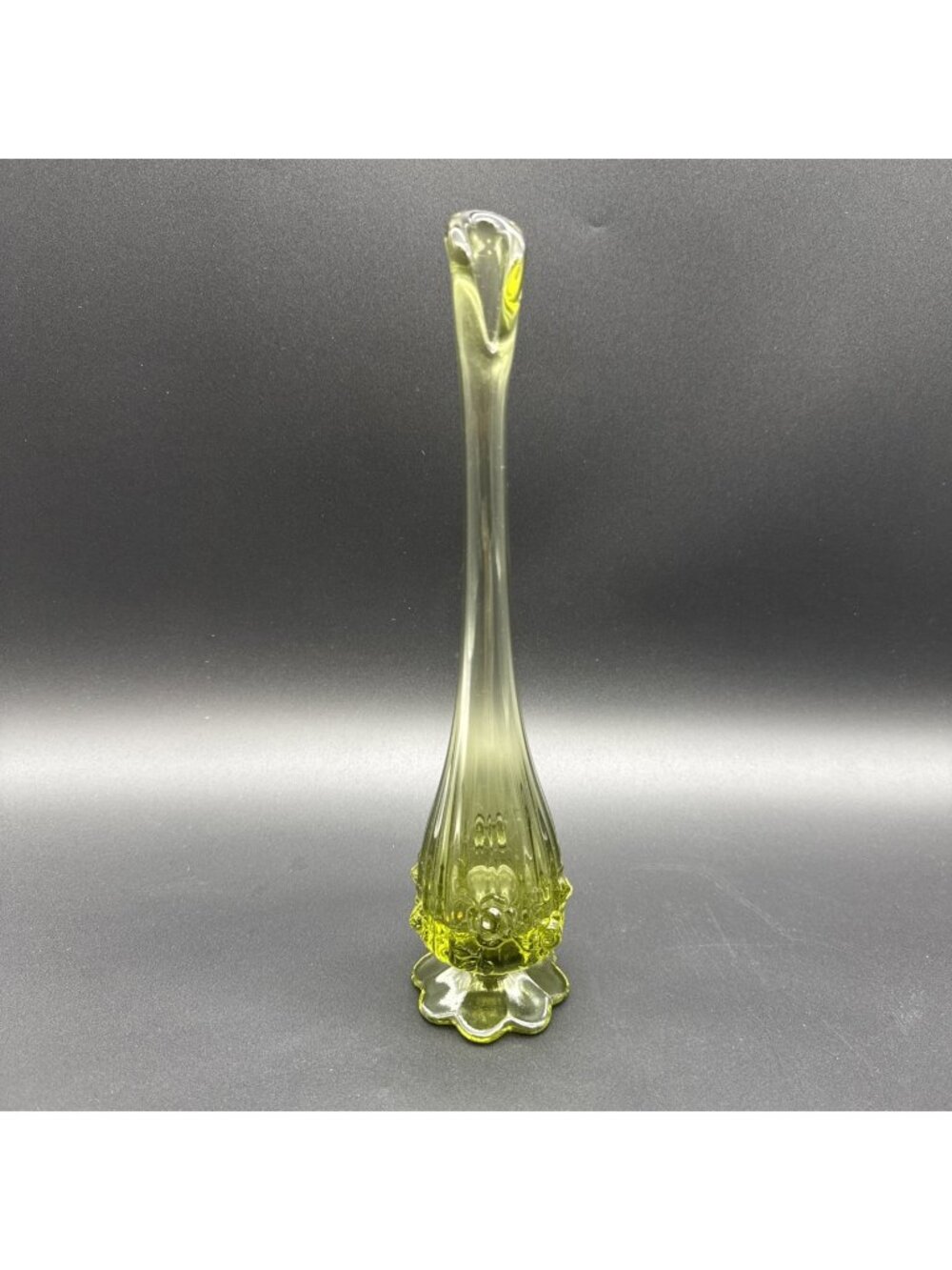 Vintage MCM Green Avocado Fenton Cabbage Rose Swung Glass Bud Vase 11.75"